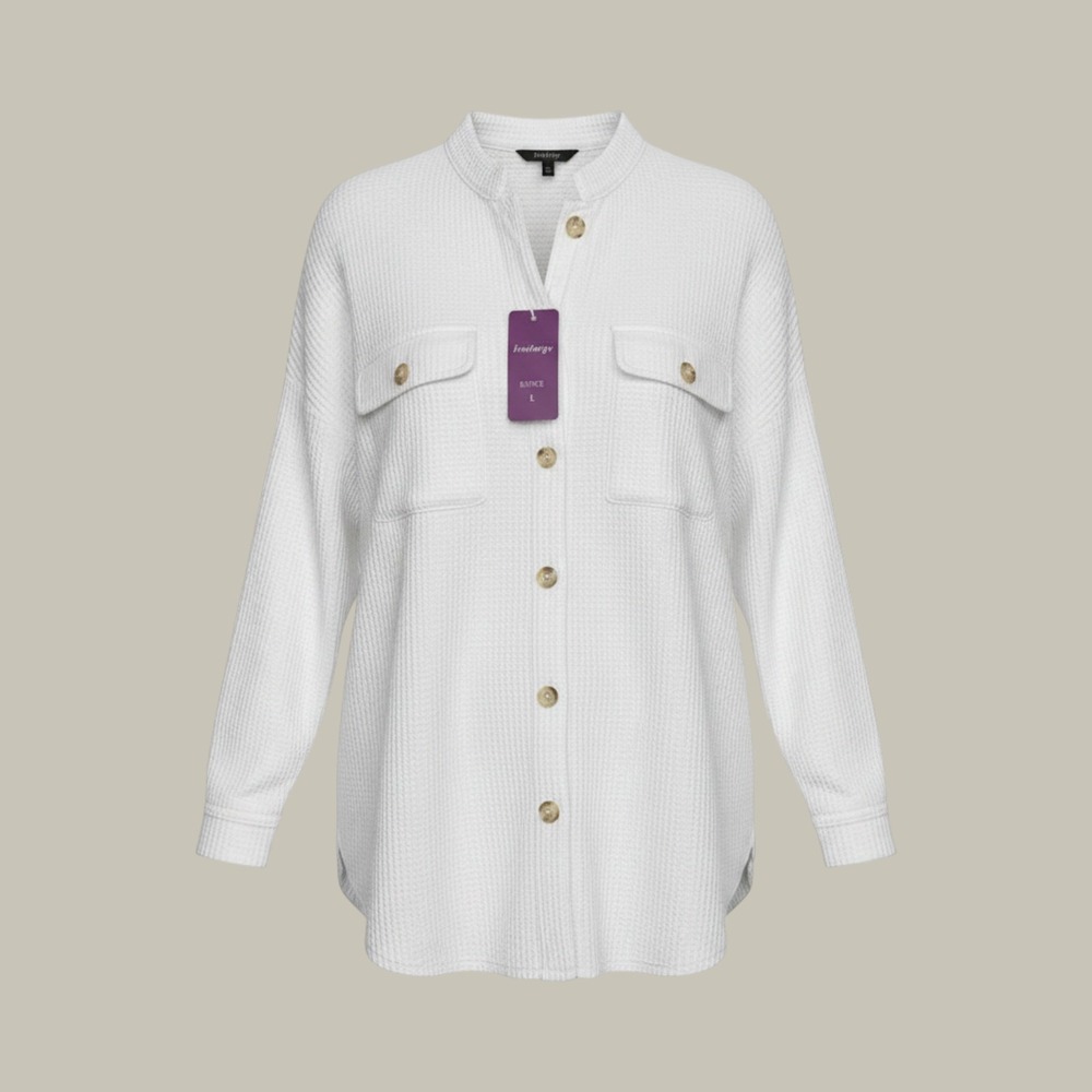 Button Down Women's Large White Waffle Knit Oversized Slouchy Shacket Top Shirt